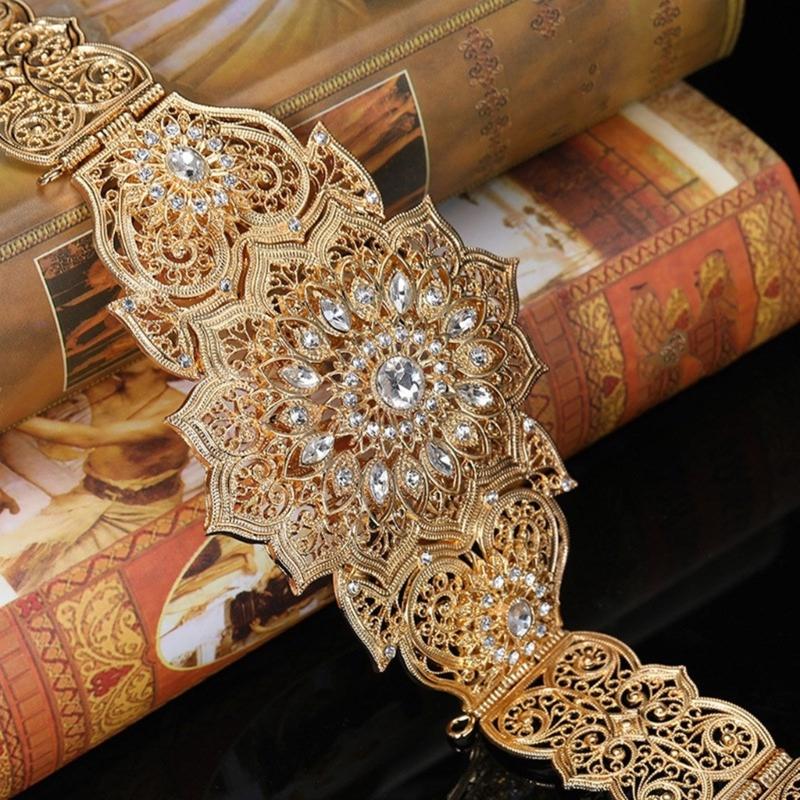 Traditional Hollowed Out Belt Moroccan Caucasus Robe Belt Antique Waistband for Wedding Rhinestones Carving Corset Belt