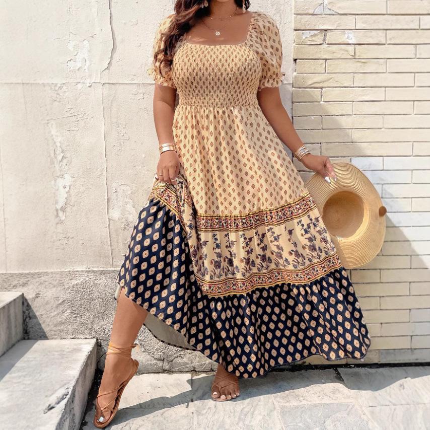 Beige and Navy Blue Floral Geometric Print Square Neck Puff Sleeve Maxi Dress 0XL хаки