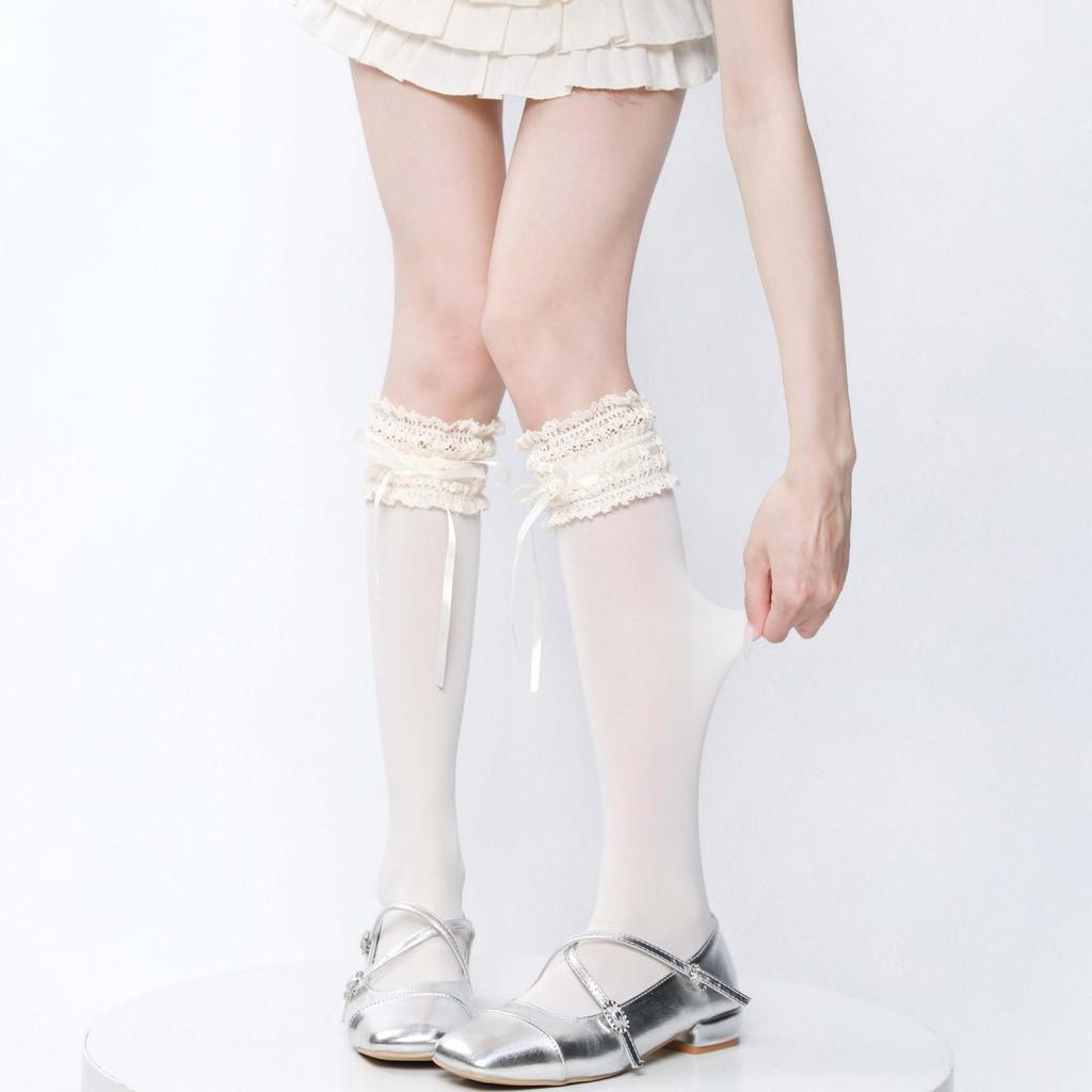 White Velvet Calf-Length Ballet Socks with Lace Trim - Lolita Japanese Style