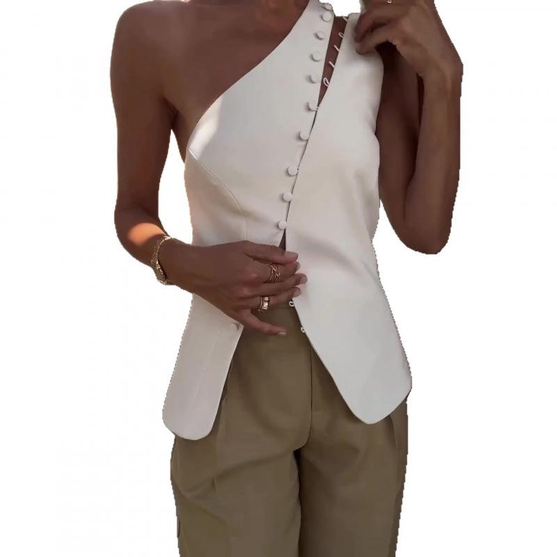 2025 summer new European and American cross-border fashion single shoulder white vest button off-the-shoulder design sexy top
