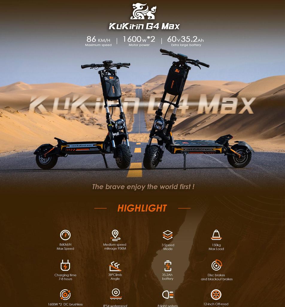 Elektroroller Faltbar Kukirin G4 Max 2000Wx2 Doppelmotor Höchstgeschwindigkeit 86Km/h 60V 35.2AH Maximale Reichweite 95Km Belastung 150Kg
