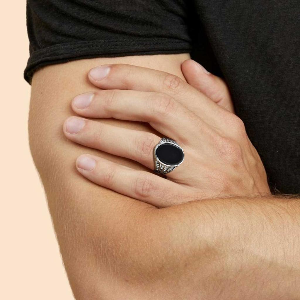 Vintage Geometric Natural Stone Rings for Men Black Oval Onyx Stainless Steel Ring Textured Signet Fashion Punk Jewelry Gift