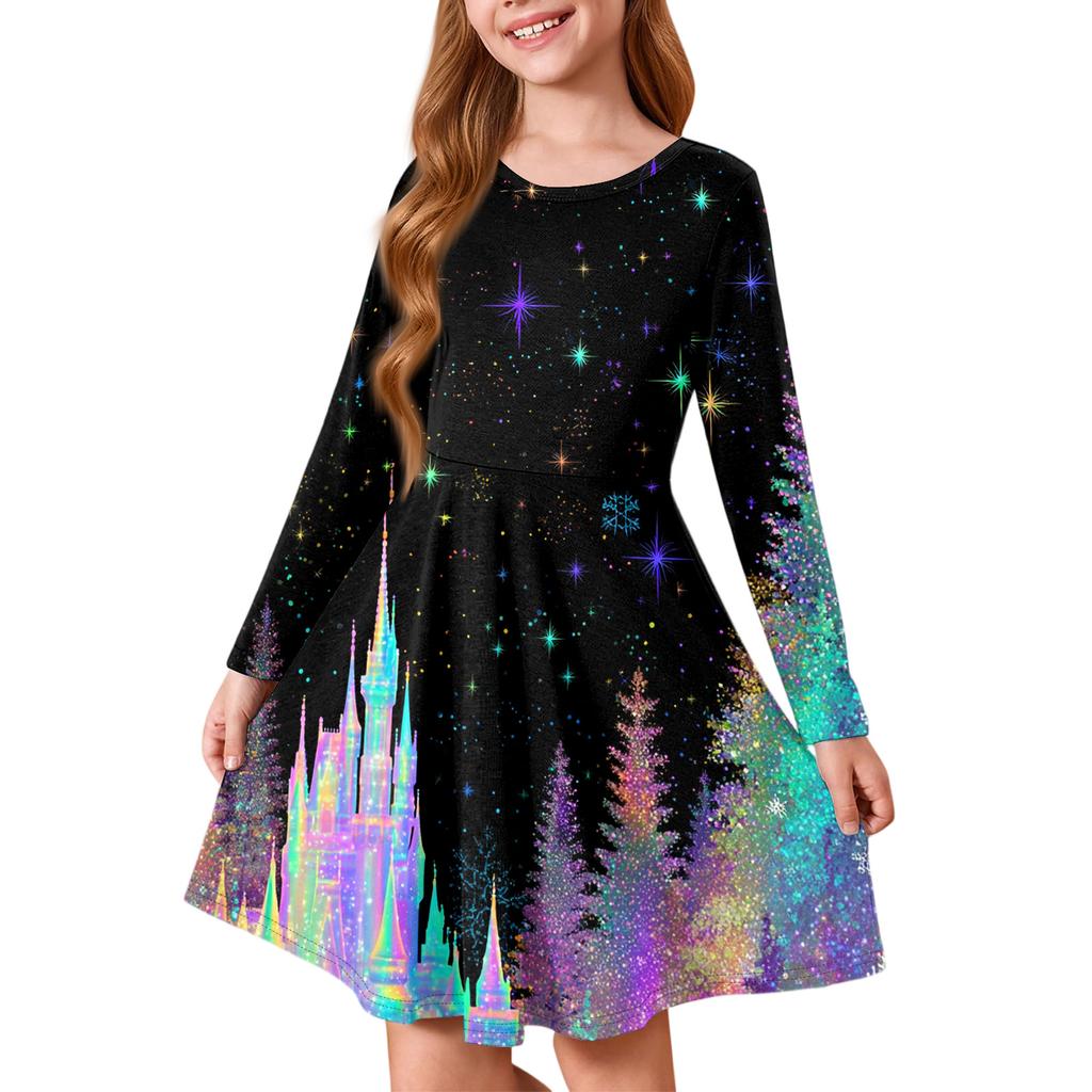 Dívčí princeznovské šaty - Tričkové šaty áčkového střihu s dlouhým rukávem na Štědrý den