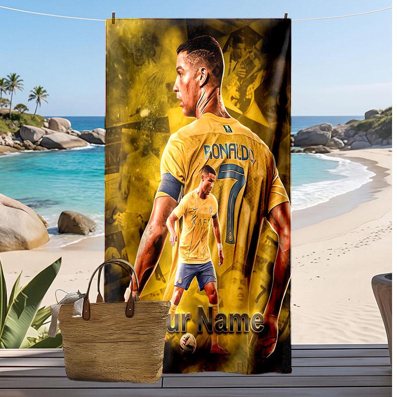 Asciugamano da Spiaggia Personalizzato Stampato Cristiano Ronaldo Logo Calcio Supporto Nome Personalizzato Testo Asciugamano Assorbente Per Sport Viaggio Regalo Speciale
