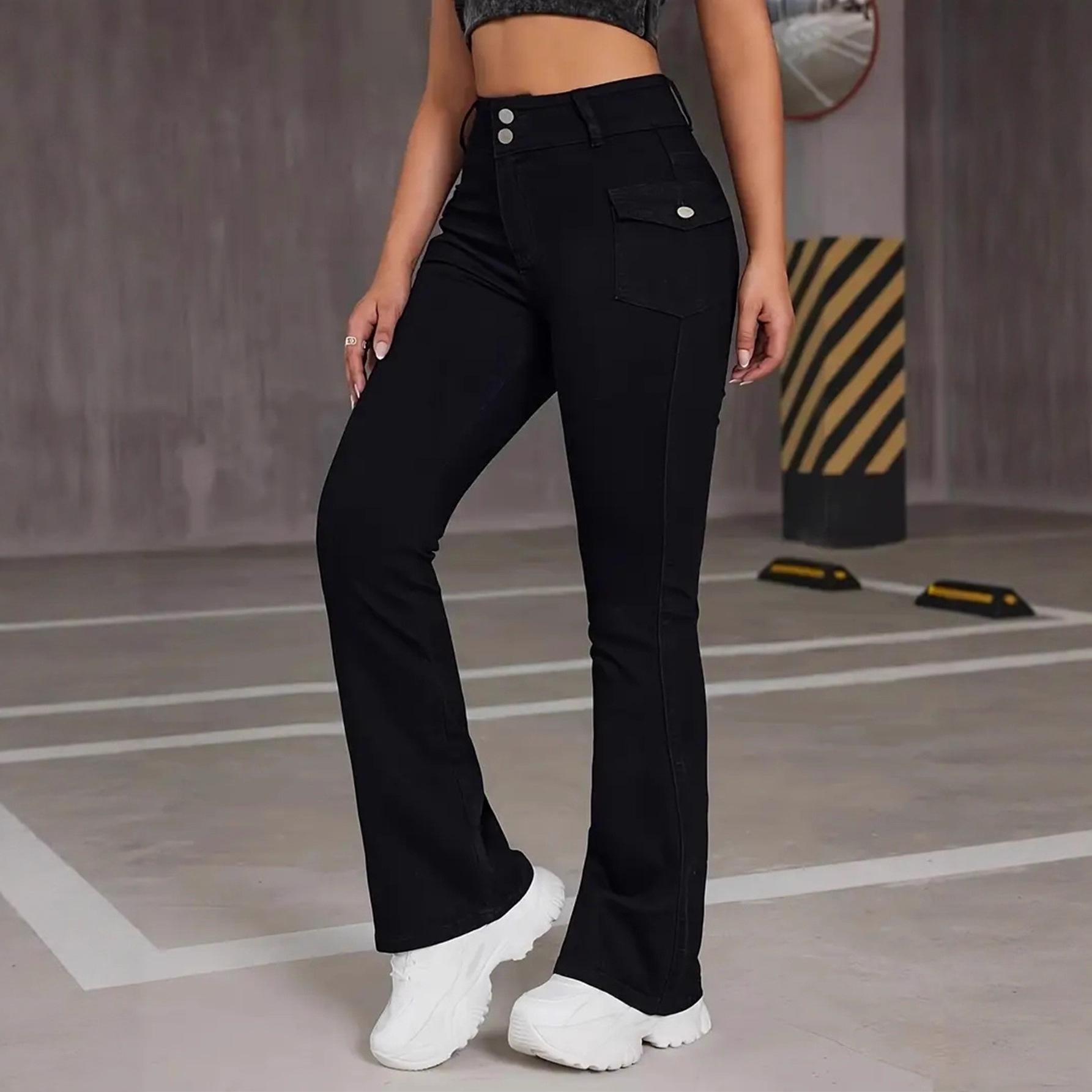 

Black Low-Waist Flare Jeans with Multi-Pockets for Women - Slimming Stretch Long Pants XXL