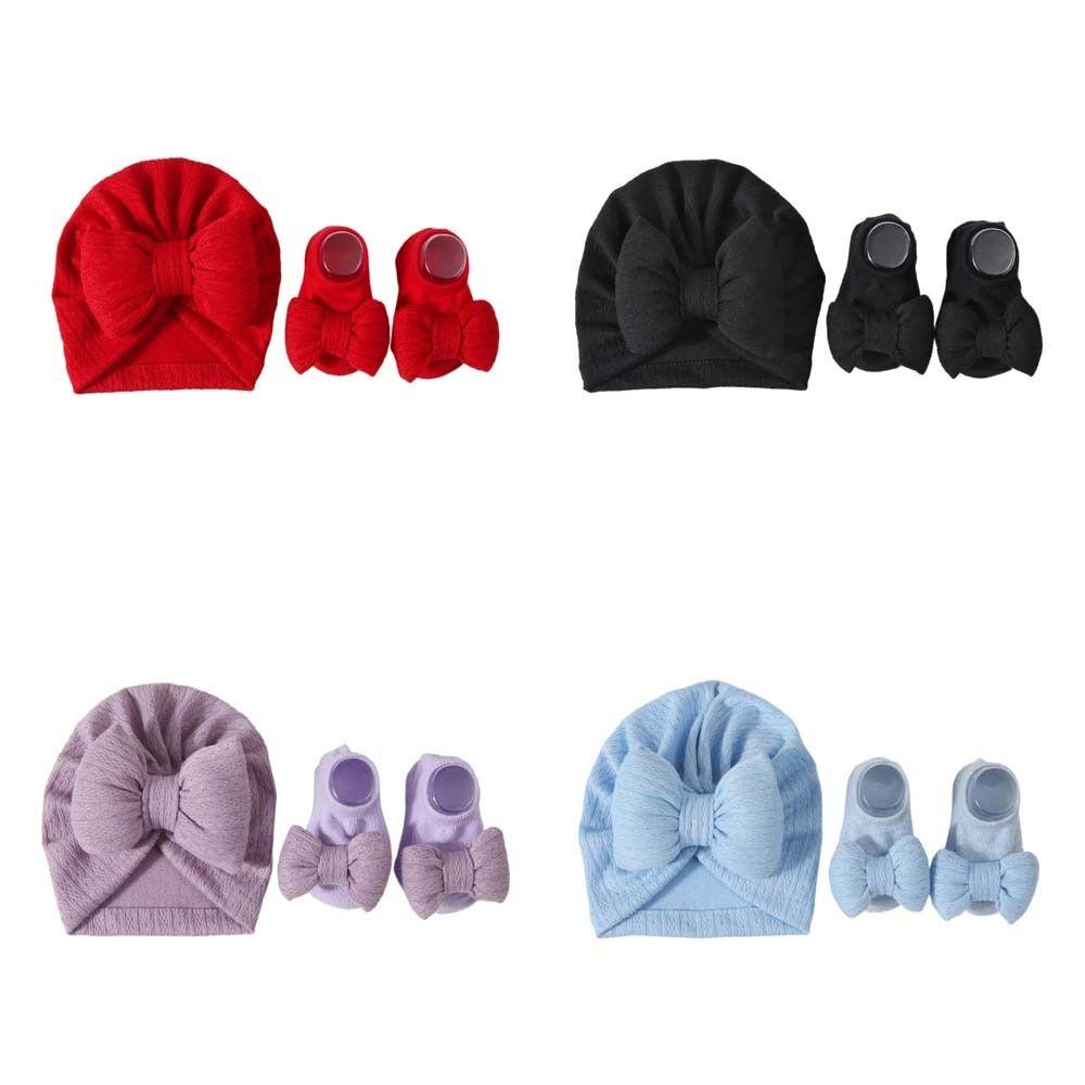Cotton Knit Baby Hat Socks Set 0-12 Months Newborn Turban Hat Baby Bow Fetal Cap Home/Outdoor