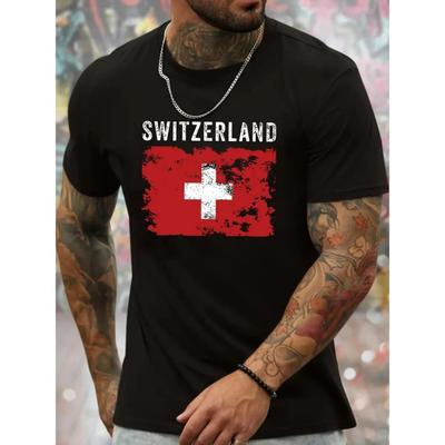Europäische Größen Herren Schweizer Flagge Grafik T-Shirt - Weiß mit Rot-Kreuz-Design, Lässiges Sommer-T-Shirt, Normale Passform, Rundhalsausschnitt, Leicht & Atmungsaktiv