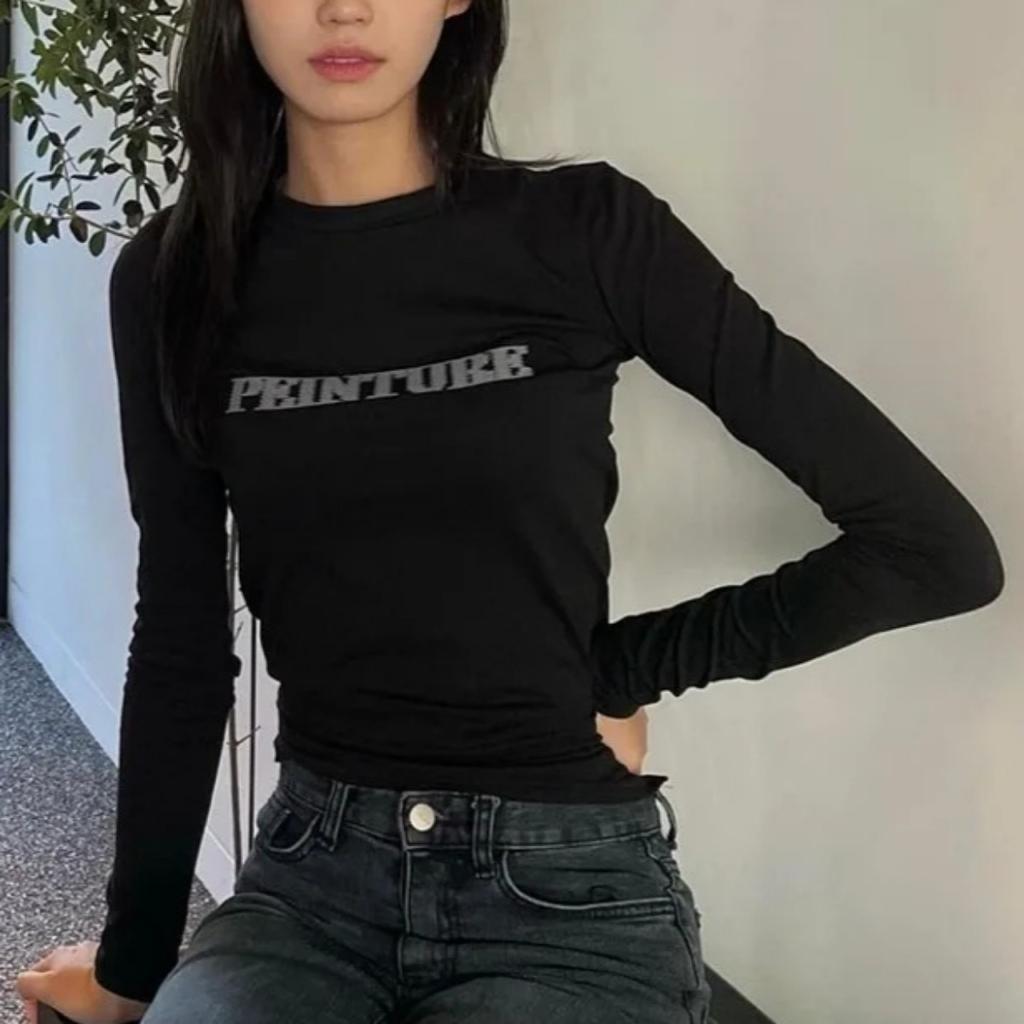 Grunge Letter Print T-shirt Korean Fashion Long Sleeve Tee Shirt Vintage Japanese Harajuku Slim Tops Kpop Streetwear Y2k