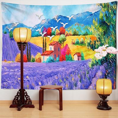 Tapiz de lavanda con pintura al óleo para colgar en la pared, tapiz bohemio hippie, decoración de habitación de estética nórdica