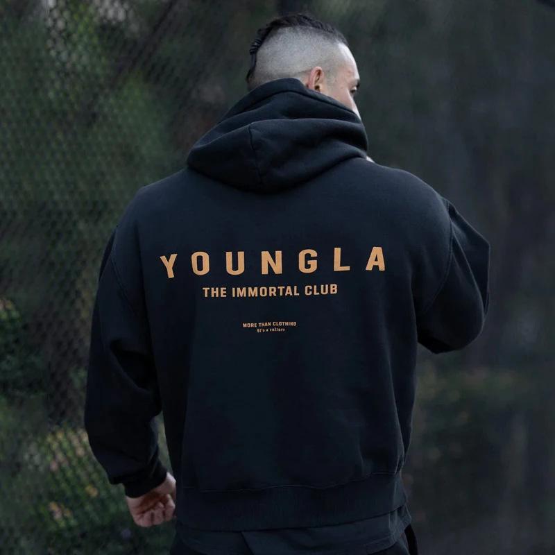 YOUNGLA Men's Oversized Pullover Hoodie Double-Layer Printed Fitness Jacket