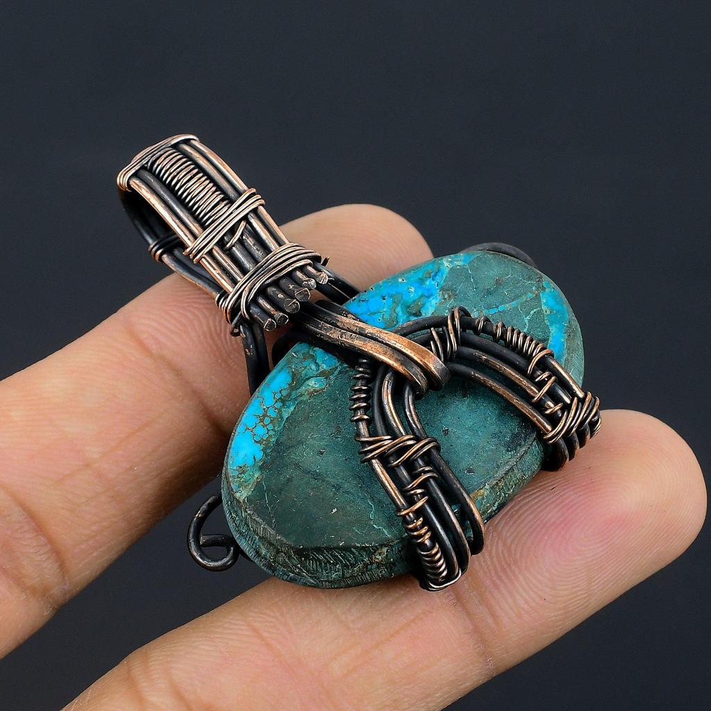 Tibetan Turquoise Pendant, 999 Copper Wire Wrapped Gemstone Jewelry, Handmade Pendant, For Thanksgiving