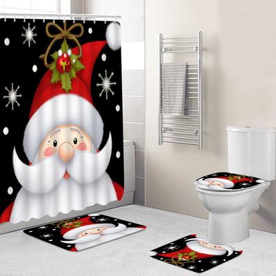 Christmas Toilet Cover Shower Curtain Floor Mat Set Santa Carpet Door Mat Foot Mat Non-Slip Mat