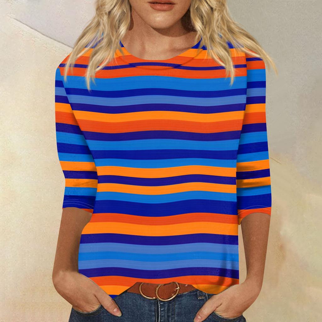 Modisches, lässiges Damen-T-Shirt mit Rundhalsausschnitt, Dreiviertelärmeln und Streifenmuster