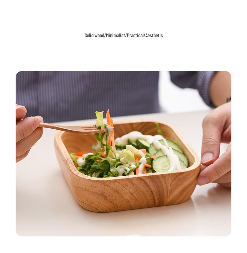 Japanese Style Solid Wood Square Salad Bowl - Simple Wooden Tableware Dish