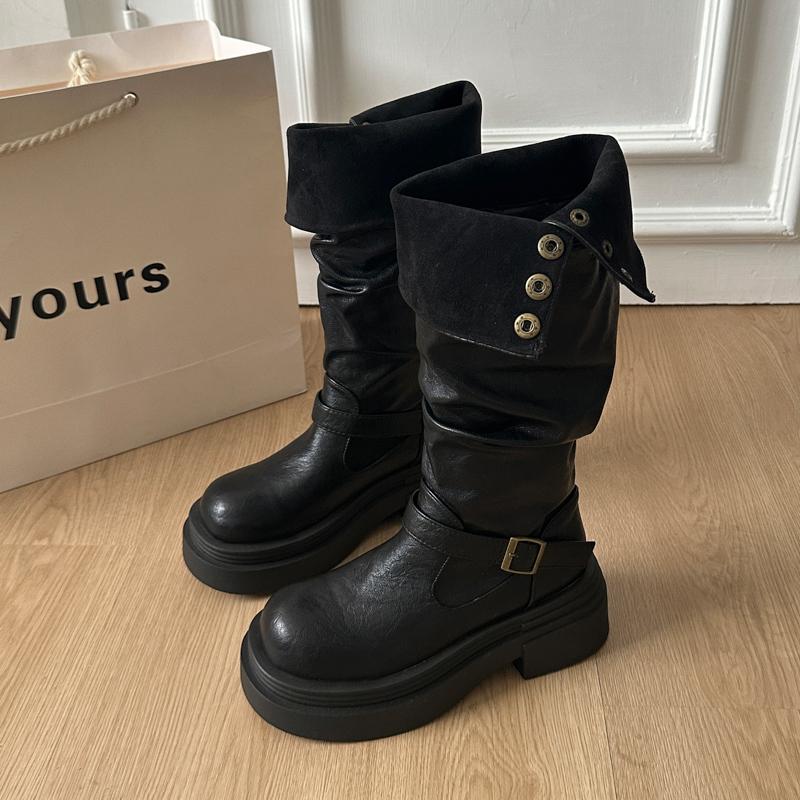 Mode Herbst Winter Plateau Dicke Sohle Damen Kniehohe Stiefel Schuhe Damen Elegant Gürtelschnalle Ritter Stiefeletten