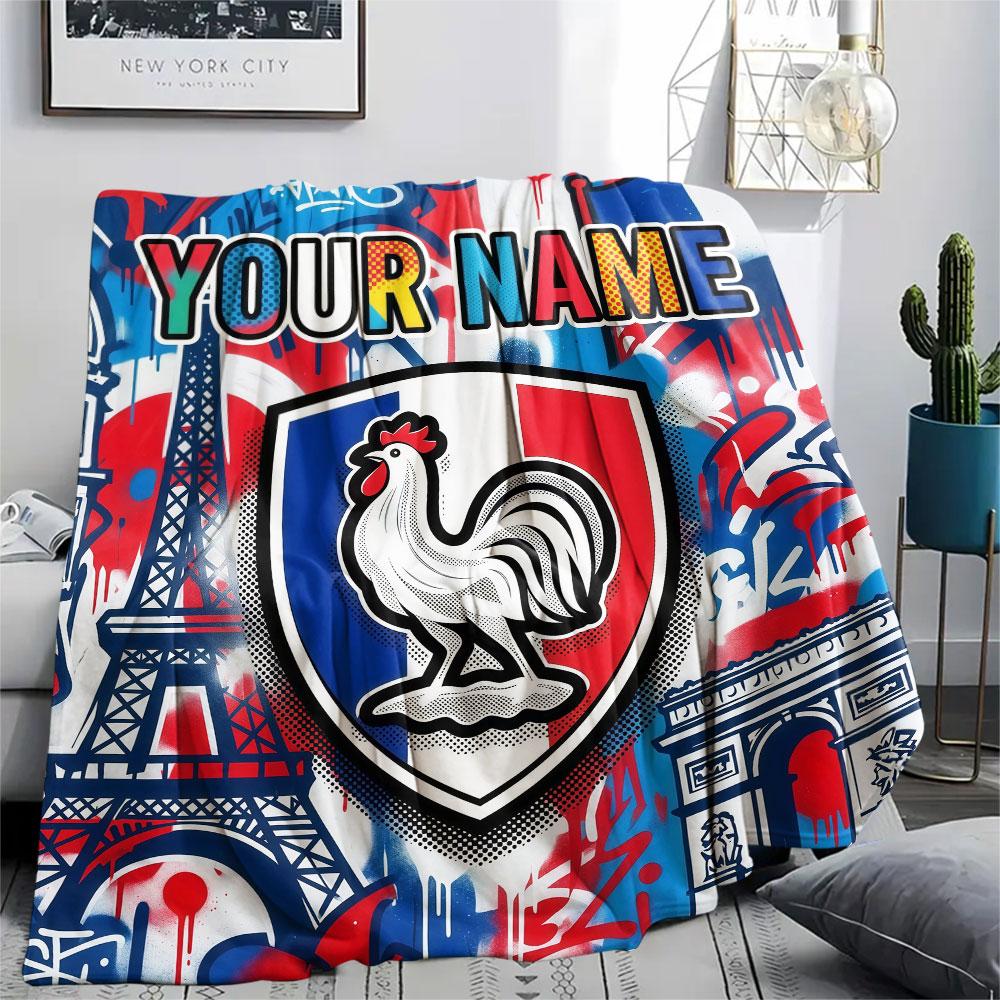 Custom Name,France National Football Team Printed Flannel Blanket, Soft Throw for Bedroom Sofa, Washable, Christmas Present, Great Gift.