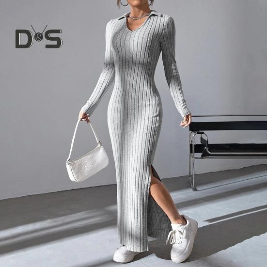 Women Spring Fall Dress V Neck Slit Hem Thread Slim Fit Long Sleeves Ankle Length Knitted Elastic Maxi Dress Shopping Dating Party Dress