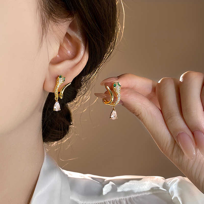 Silver needle zircon curved snake winding stud earrings niche design earrings earrings