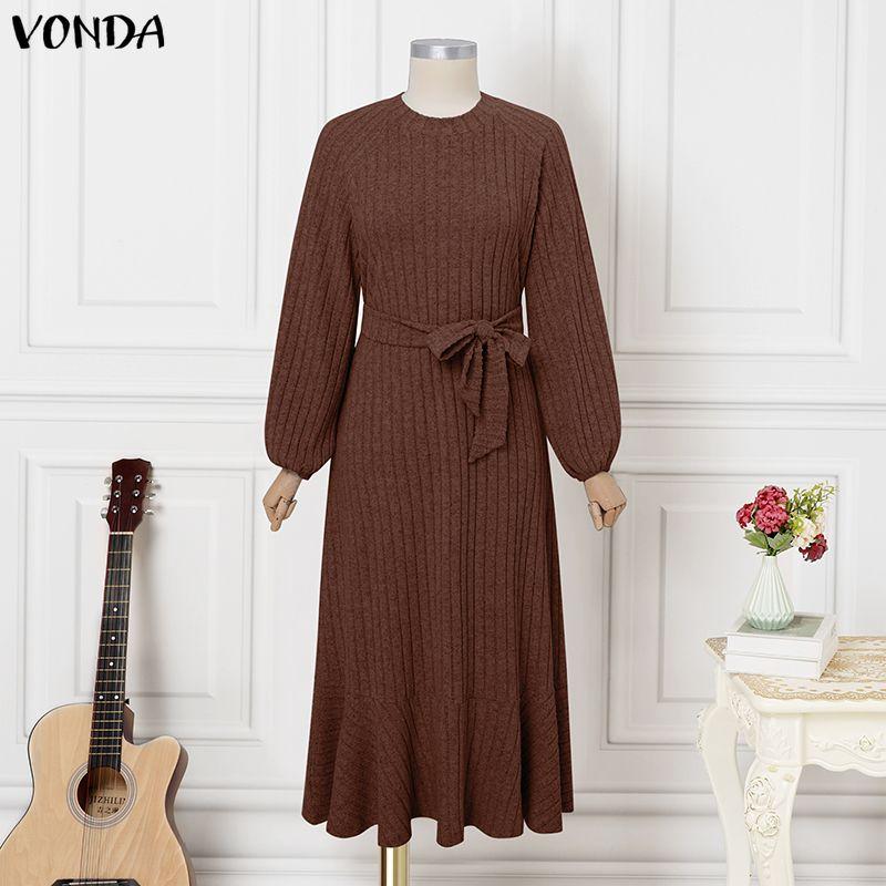 VONDA Abito Maxi Svasato Casual Base in Maglia a Coste con Scollo Tondo e Maniche Lunghe da Donna per l'Autunno