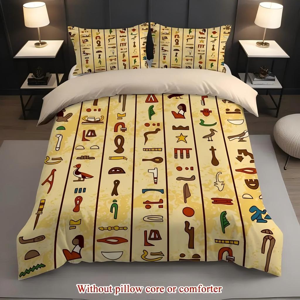 Ancient Egyptian Hieroglyphic Totems 3D Print Bedding Set Exotic Mythical Style Bedding Cover Soft Comfortable Home Quilt Cover
