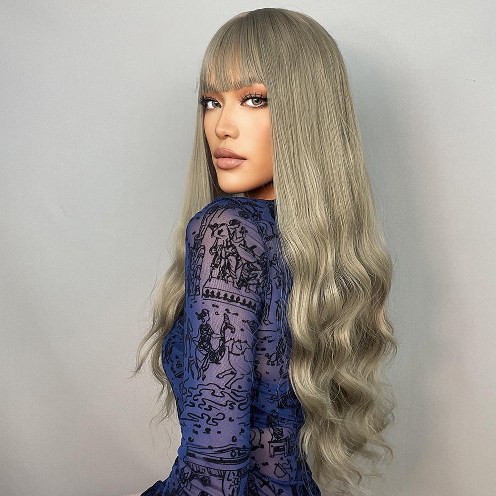 Длинные волнистые светло-зеленые синтетические парики с челкой — фото 2