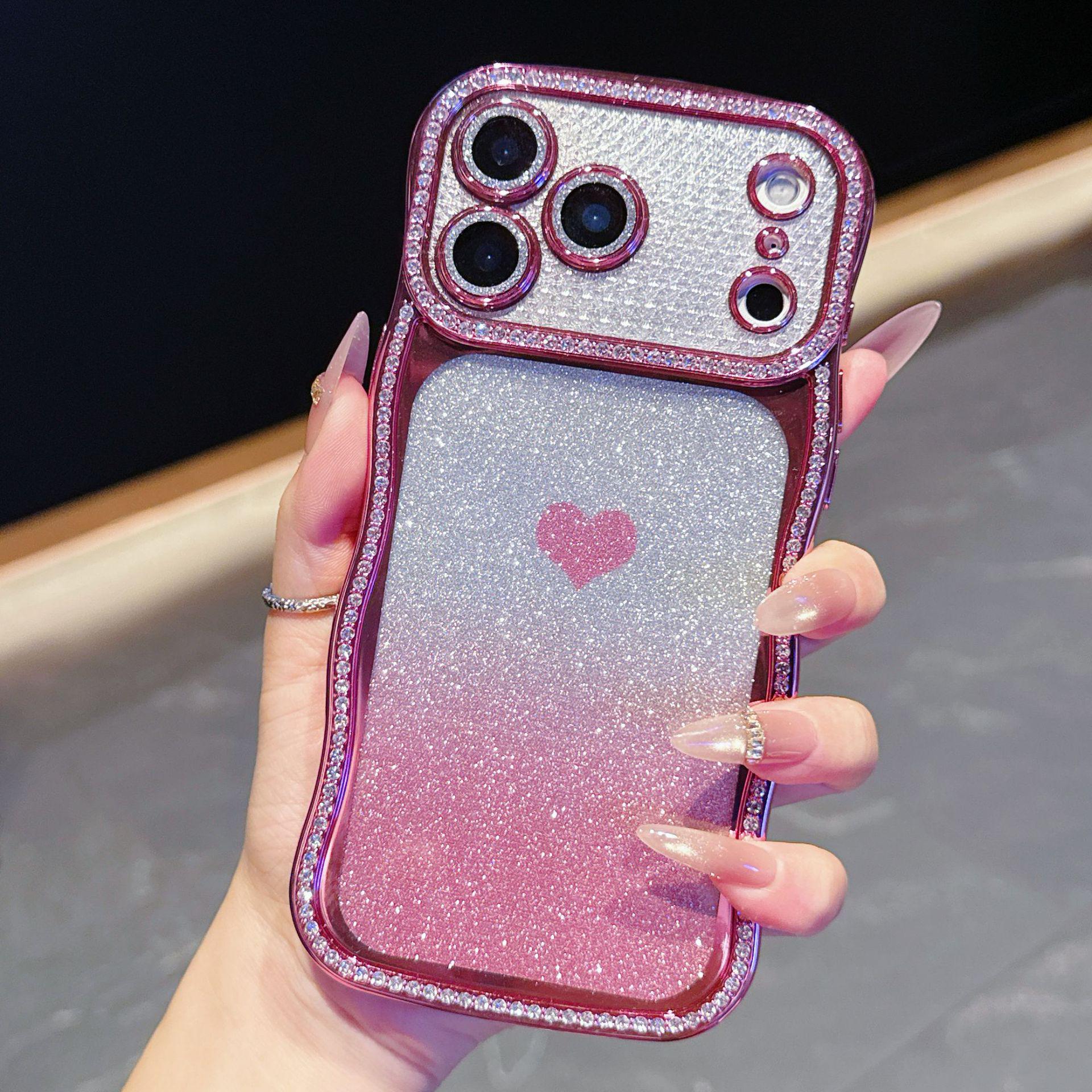 Electroplated Wave Edge Glitter Heart Case for iPhone 17 Pro Max with Large Window Gradient Design iPhone 17 Pro Max