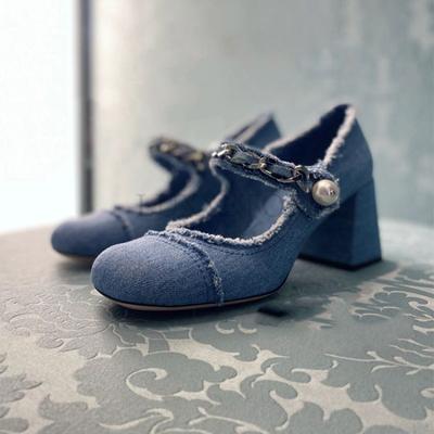 Women's Vintage Chunky High Heels Woman Sandals Back Strap Denim Heels Summer Shoes Designer High Heel Shoes For Women