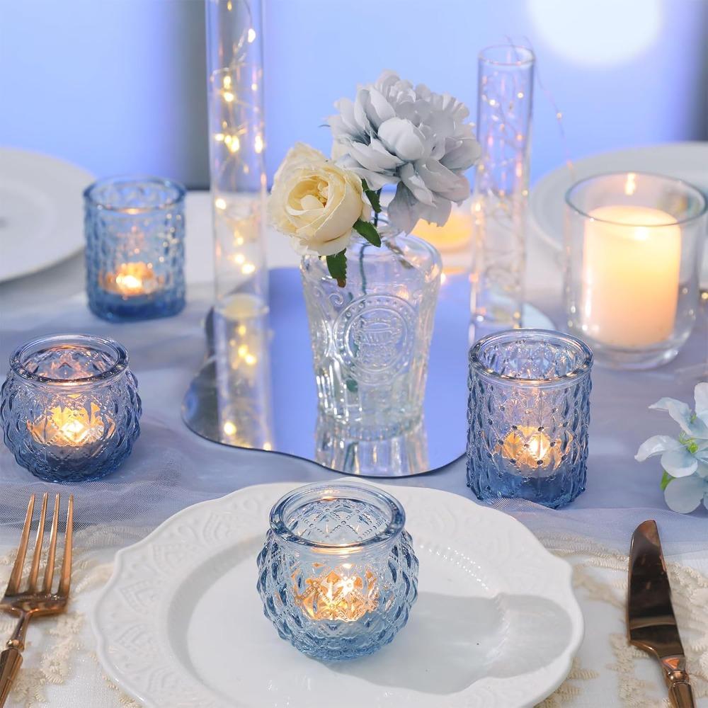 24st Blå Glas Votivljushållare Runda Värmeljus för Bordsdekoration Värmeljus Ljusstake Glas för Bröllop Baby Shower Hemma & Festinredning
