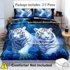 2/3pcs Domineering White Tiger Animal Print Duvet Cover Set 1 Duvet Cover + 1/2 Pillowcase, Without Core, Blue Rose Forest Lake