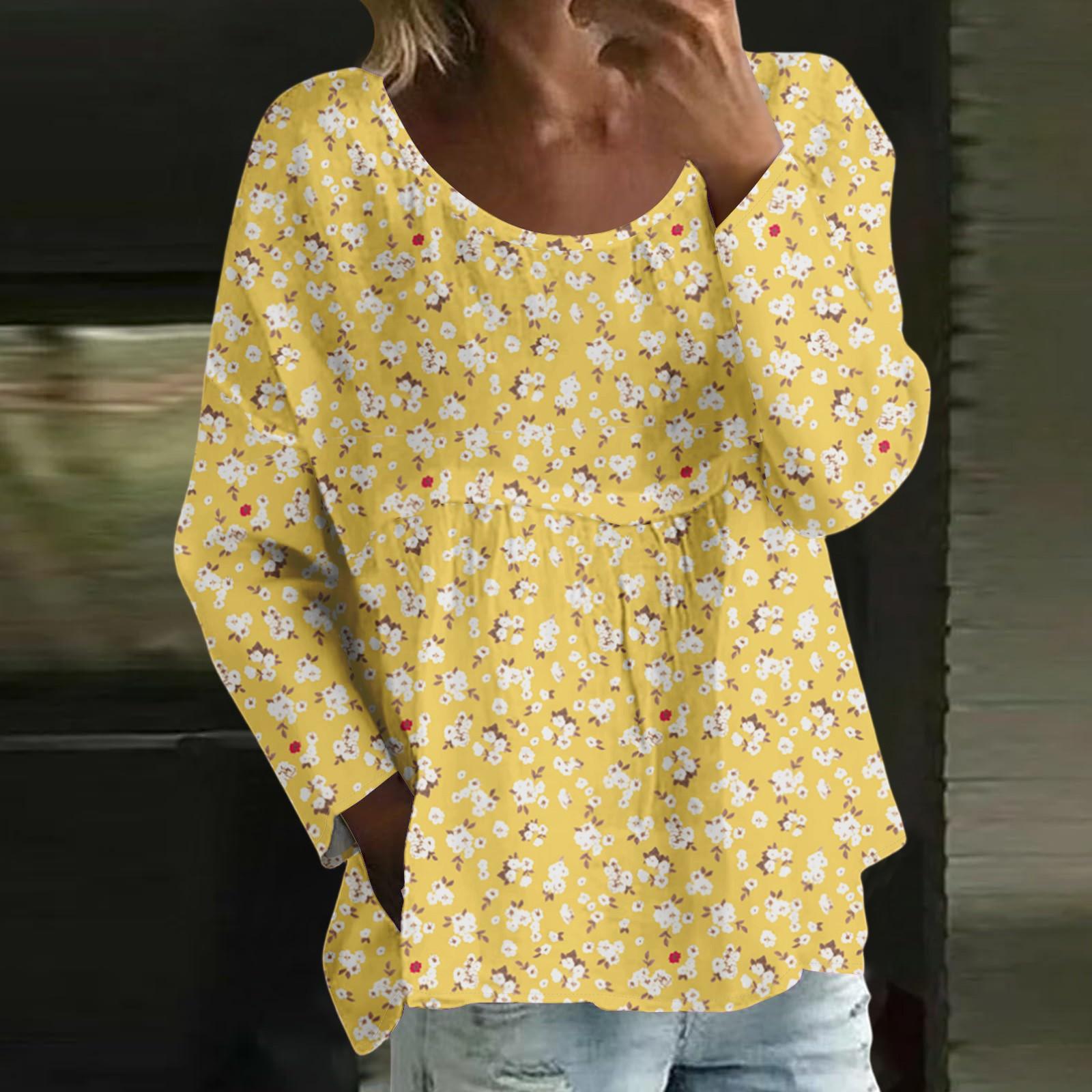 

Женский повседневный модный свободный топ с круглым вырезом и цветочным принтом, с длинным рукавом XL жёлтый