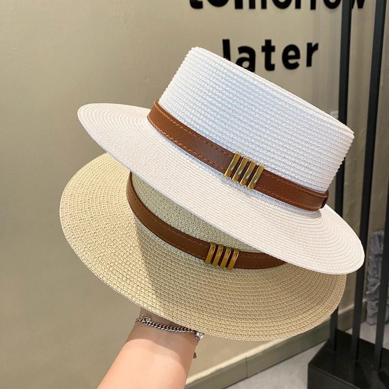 British Retro Women'S Straw Hat Spring/Summer Flat Top Sunscreen Beach Fashion Casual Black Jazz Style