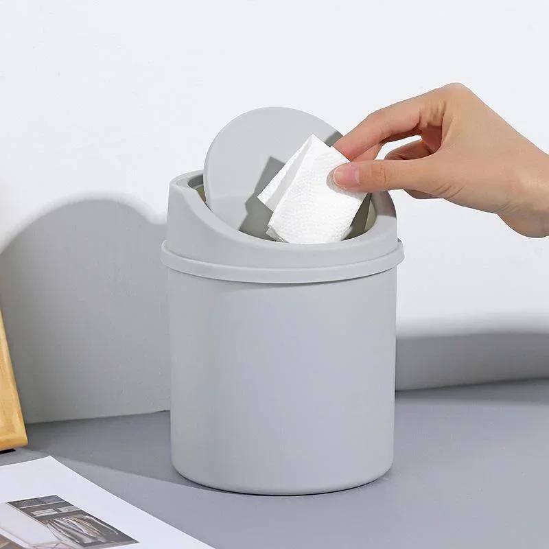 Mini Desktop Small Covered Trash Work space Cleaning Storage Box Can Solid Color Nordic Style Bedroom Garbage Storage Tool Home