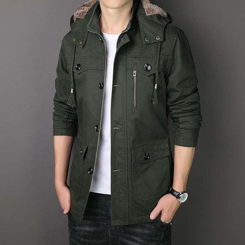 Men's Mid-Length Fleece-Lined Windbreaker: Warm Thick Cotton-Padded Hooded Jacket for Autumn & Winter