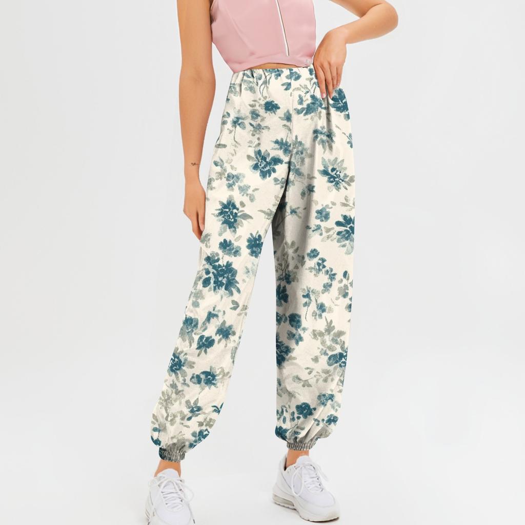 Ladies Summer Print Elastic Waist Loose Casual Wide Leg Pants Trousers