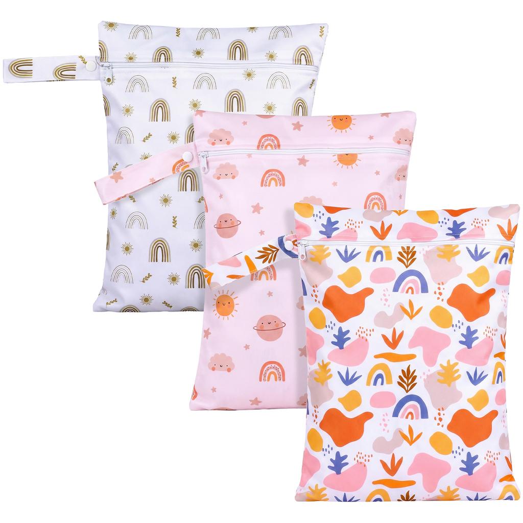 3Pcs Waterproof Wet Dry Bag Zippered Portable Travel Reusable Sanitary Storage Baby Diaper Nappy Bag Stroller Carry Handle Bag