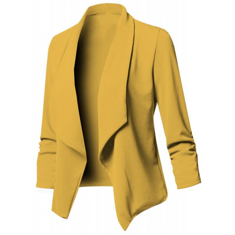 Women's Slim Fit Long Sleeve Solid Color Blazer Versatile Stretch Cuff Lapel Jacket For Office Wear, Elegant Career Open Front Coat For Commuting