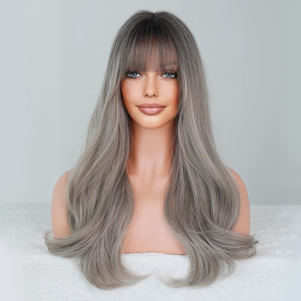 Perucas Sintéticas Longas Cacheadas Loiro com Preto Perucas de Cabelo Natural Partição Central para Mulheres Usar Para Cosplay Diário Lolita Resistente ao Calor