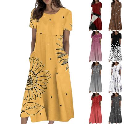 Women's Summer Casual Fashion Printed Short Sleeve Round Neck Pocket Dress