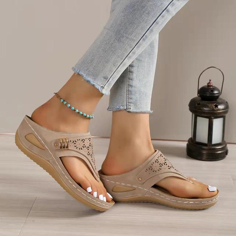 Fashion Summer Women's Wedge Sandals 2025 Clip Toe Orthopedic Arch Support Sandals Woman Pu Leather Non-Slip Soft Platform Flip Flops
