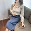 Chiffon Splice Knit Autumn New Fashionable Design Sense Small French Square Neck Slim Fit Long Sleeve Top