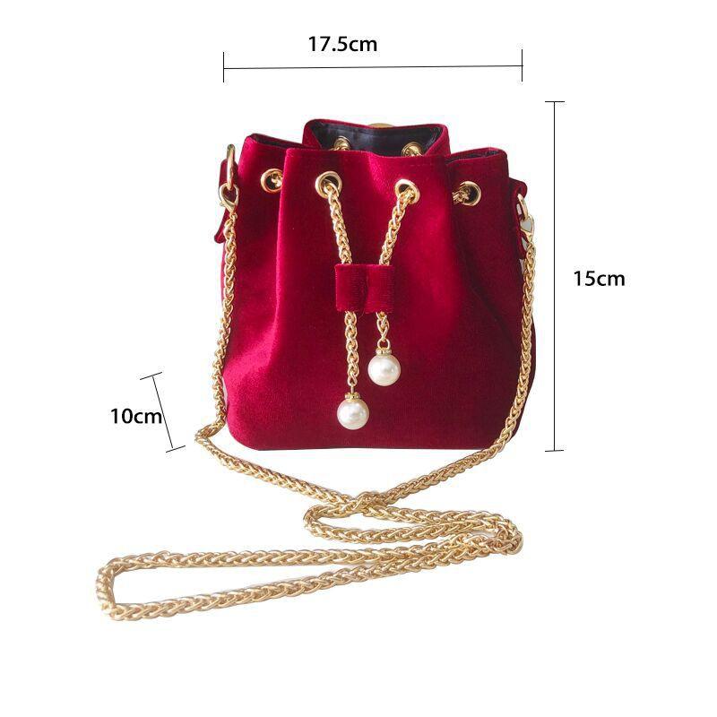 Velvet Mini Bucket Bag Women Sweet Vintage Crossbody With Pearl Chain Strap Drawstring