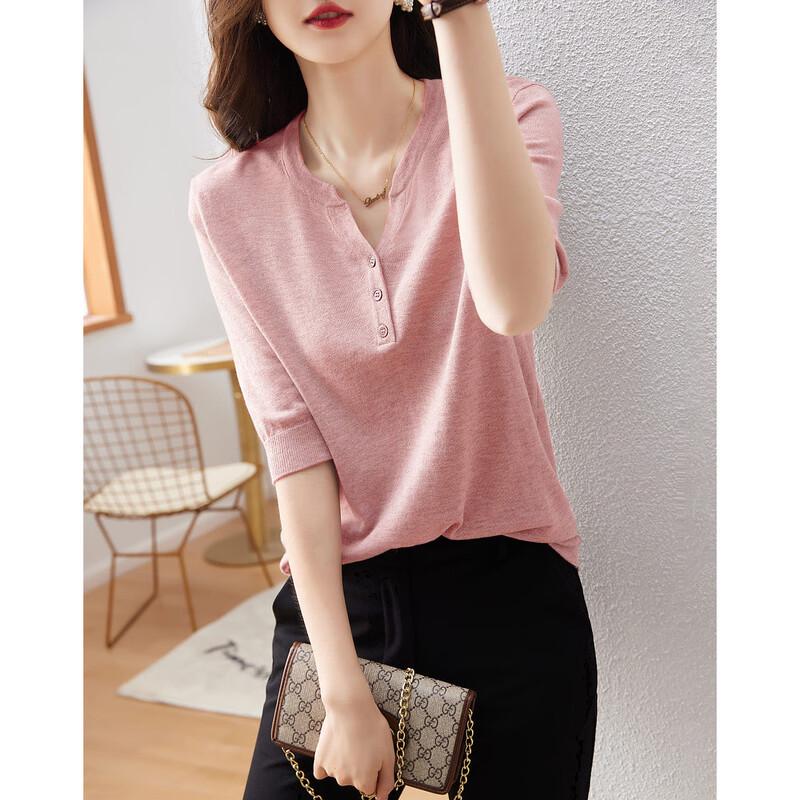 Demana Women's Lamb Wool Blend Half-Sleeve Placket Knit Top