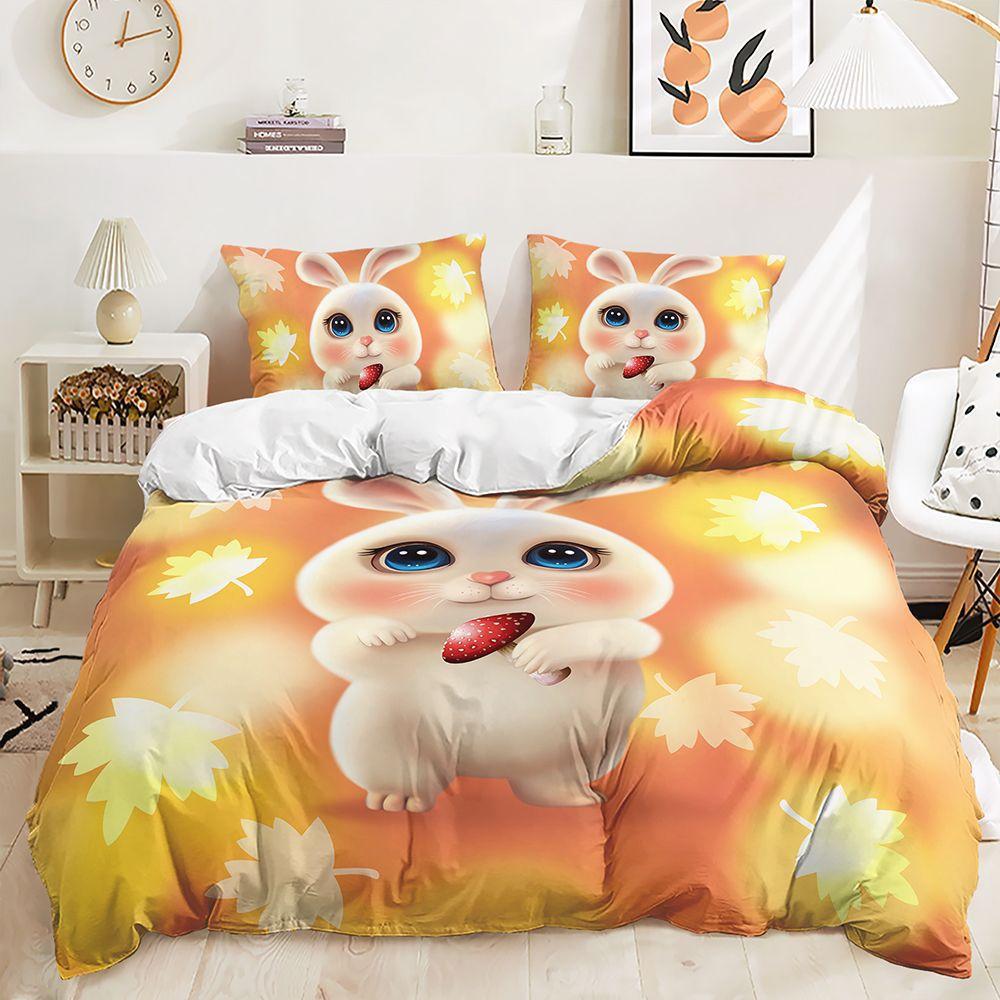 Bett Dreiteiliges Niedliches Tier-Set Katze Kaninchen Bettbezug Zweiteilig Schlafzimmer