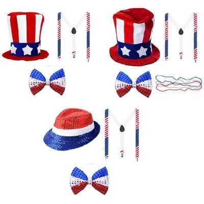 Uncle Patriotic Costume Accessories Forth of July Hat with Bowtie and Beads Necklace Independence Day Party Outfits