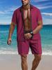 Mens Casual Color Block Breathable Thin Beach Shirt Shorts Set