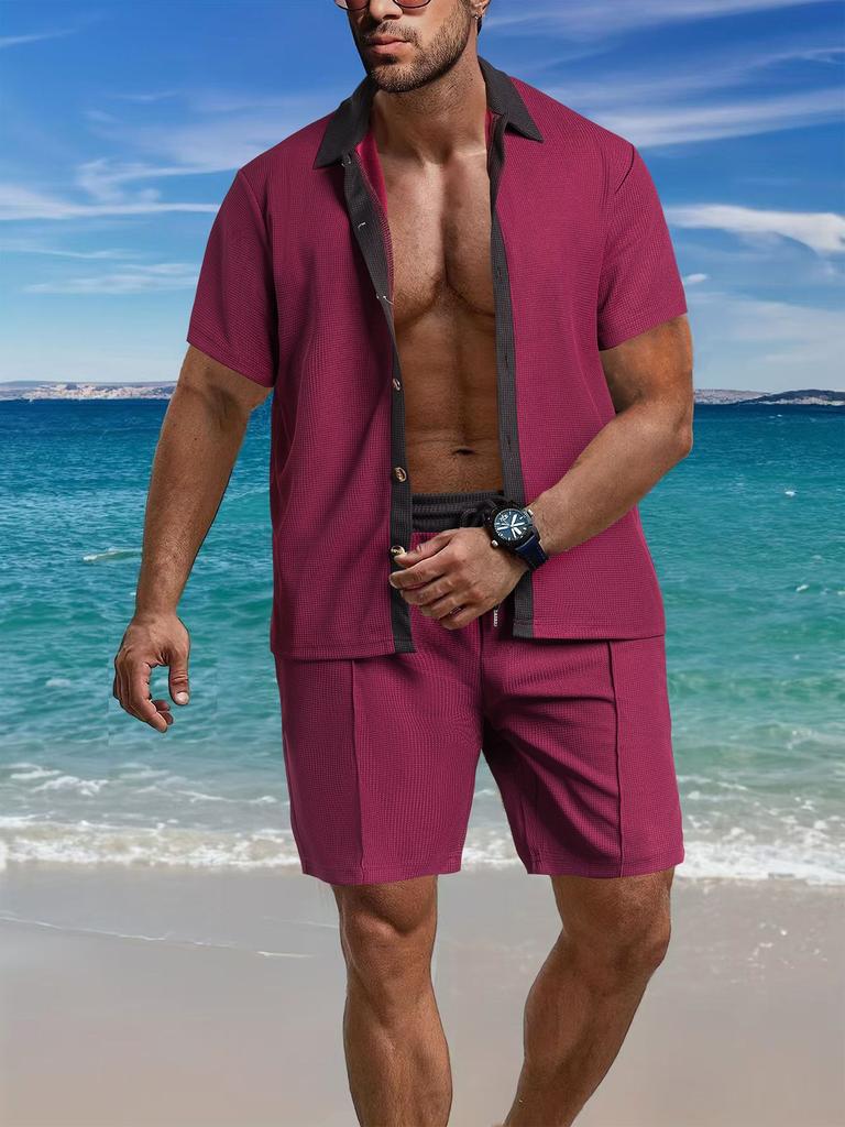 Mens Casual Color Block Breathable Thin Beach Shirt Shorts Set
