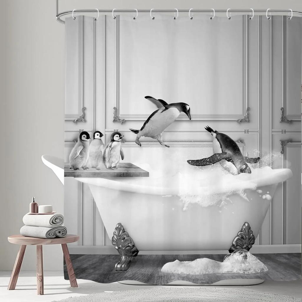 Japanese Cherry Cat Shower Curtain Black White Red Cute Animal Waterproof Polyester Bathroom Home Decorative Cover with Hook