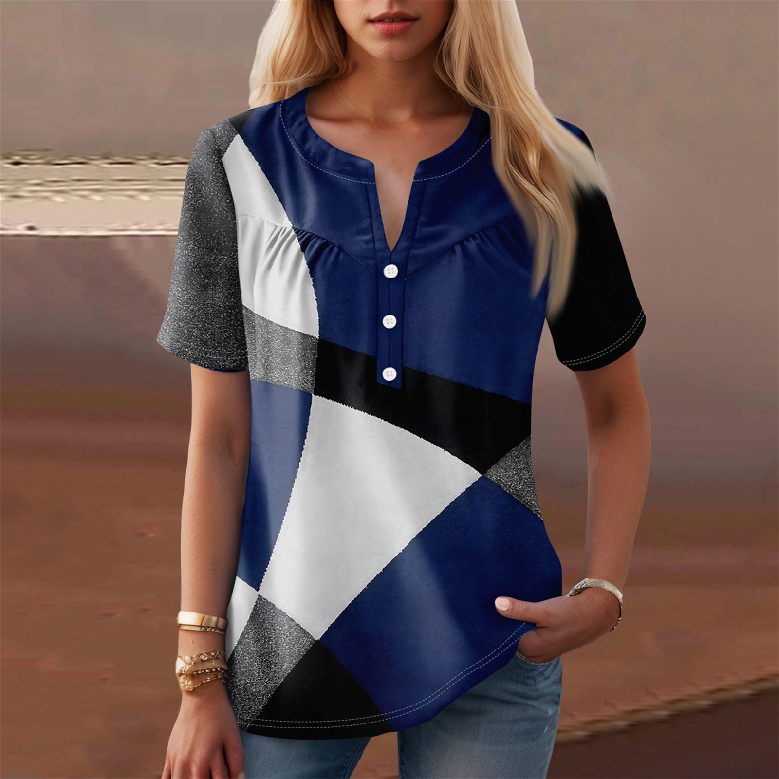 

Женская повседневная футболка с v-образным вырезом и коротким рукавом с цветочным принтом и декоративными пуговицами, топ XL