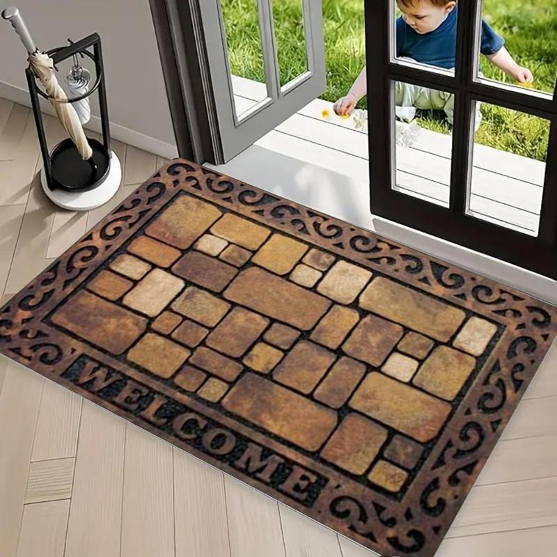 Vintage Stone Mosaic Welcome Print Doormat, Non Slip Entrance Rug, Durable Washable Floor Mat for Front Door Porch Patio Decor
