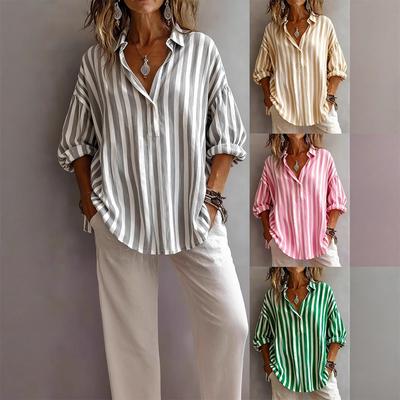 Women's Amazon Spring Shirt Collar Long Sleeve Pullover Striped Loose Women's Shirt